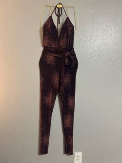 Women’s purple brown stretch plunging halter tie waist Jumpsuit size small
