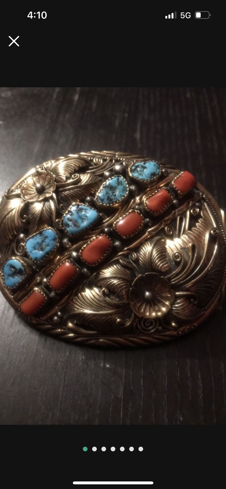 Vintage Large Navajo Sterling Silver Turquoise Red Coral Belt Buckle With 12 K Gold Overlay