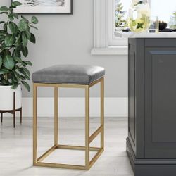 Kitchen Counter Bar Stool with Faux Leather Cushion and Metal Base, 24", Gray/Gold