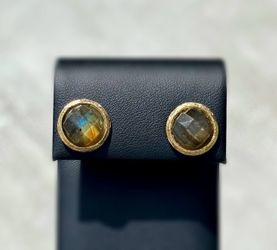 14k solid yellow gold stud Tahitian rhinestone earrings 5.40g