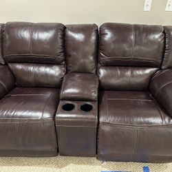 Brown Leather Sofa Coach Loveseat With Cup holders And Storage 
