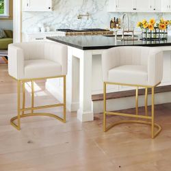 26 in.Modern Beige Fabric Upholstered Counter Stool with Gold Metal Frame Barrel Counter Bar Stool Set of 2