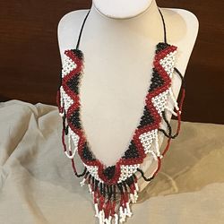 Red White Black Seed Beads Bib Necklace