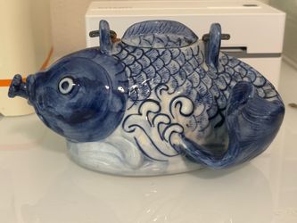 Blue and White Ceramic Fish Teapot