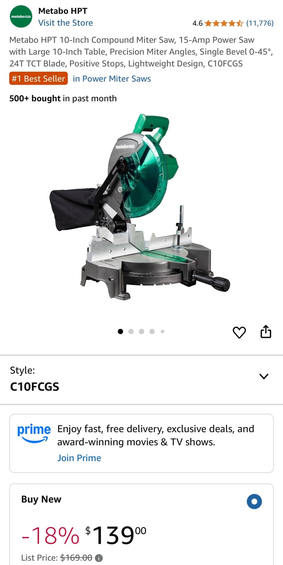 Metabo HPT 10-Inch Compound Miter Saw, 15-Amp Power Saw with Large 10-Inch Table, Precision Miter Angles, Single Bevel 0-45°, 24T TCT Blade, Positive 