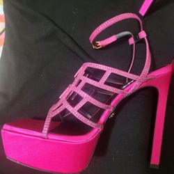 Authentic Versace Greca Maze Crystal Open Toe Platform Stiletto Sandal Heels Pink 39EU NEW