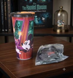 Disney Parks Mickey Mouse Halloween Haunted Mansion Souvenir Tumbler & Lanyard