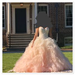 A blushes colored dress/ball gown. Size 6, worn once. We used it for a Quinceañera.