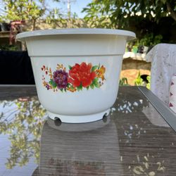 White With Flower Print  Plastic Plant Pot 12x8 Inches