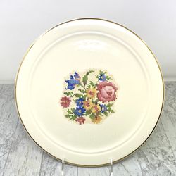 Vintage Harker Pottery "Petit Point" Bakerite Cake Plate 22K gold rim11 1/4”D