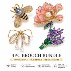 Vintage Style Brooch Lot 4pcs – Floral Bee Bow Rhinestone Pearl Pins Jewelry Bundle