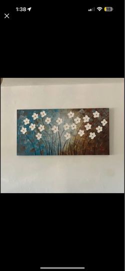 Modern 3D Floral Canvas Wall Art - Blue & Brown Abstract Flower Painting