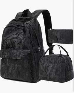 3-Piece Backpack with Lunch Box and Pencil Case, Dark Line Black, NEW