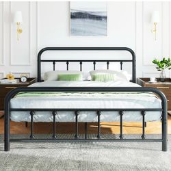 Queen Size Metal Platform Bed Frame with Headboard & Footboard, Steel Slat Mattress Foundation, Under Bed Storage, Noise-Free, No Box Spring Needed, B