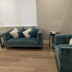 2 Sofas Loveseat And Armchair In Turquoise And Side Tables