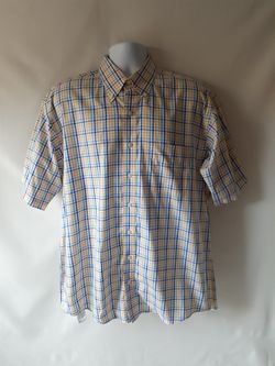 Overton men's yellow/blue short sleeve button down shirt size L