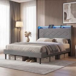 New Upholstered Queen Bed Frame, 3 USB Charging Ports, LED Lights, Adjustable Headboard