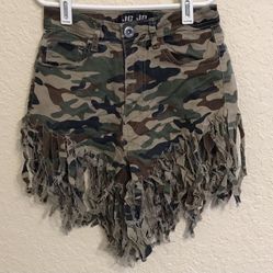 Camo Distressed Fringe Shorts