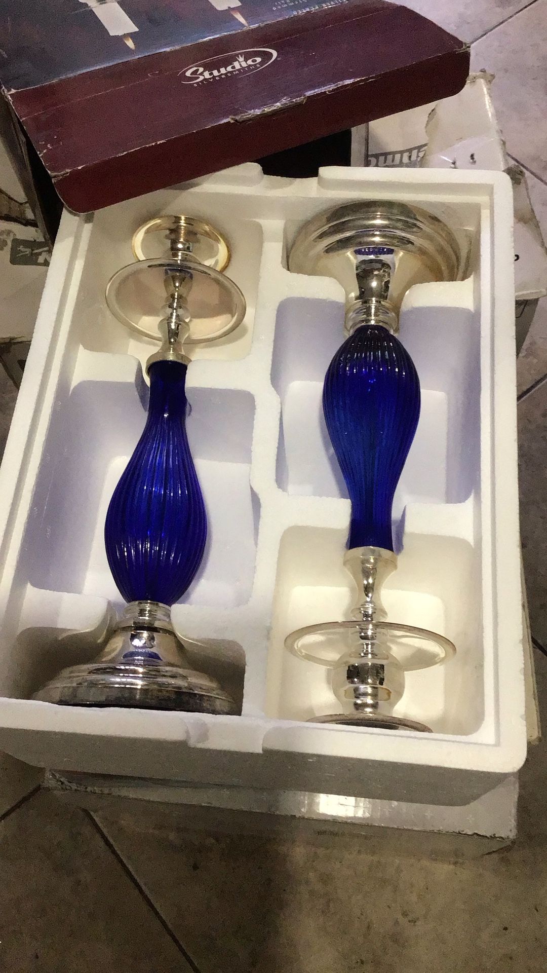 Blue Glass Silver Plated Vintage Candle Holders