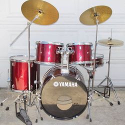 Red Drum Set With Cymbals And Hardware