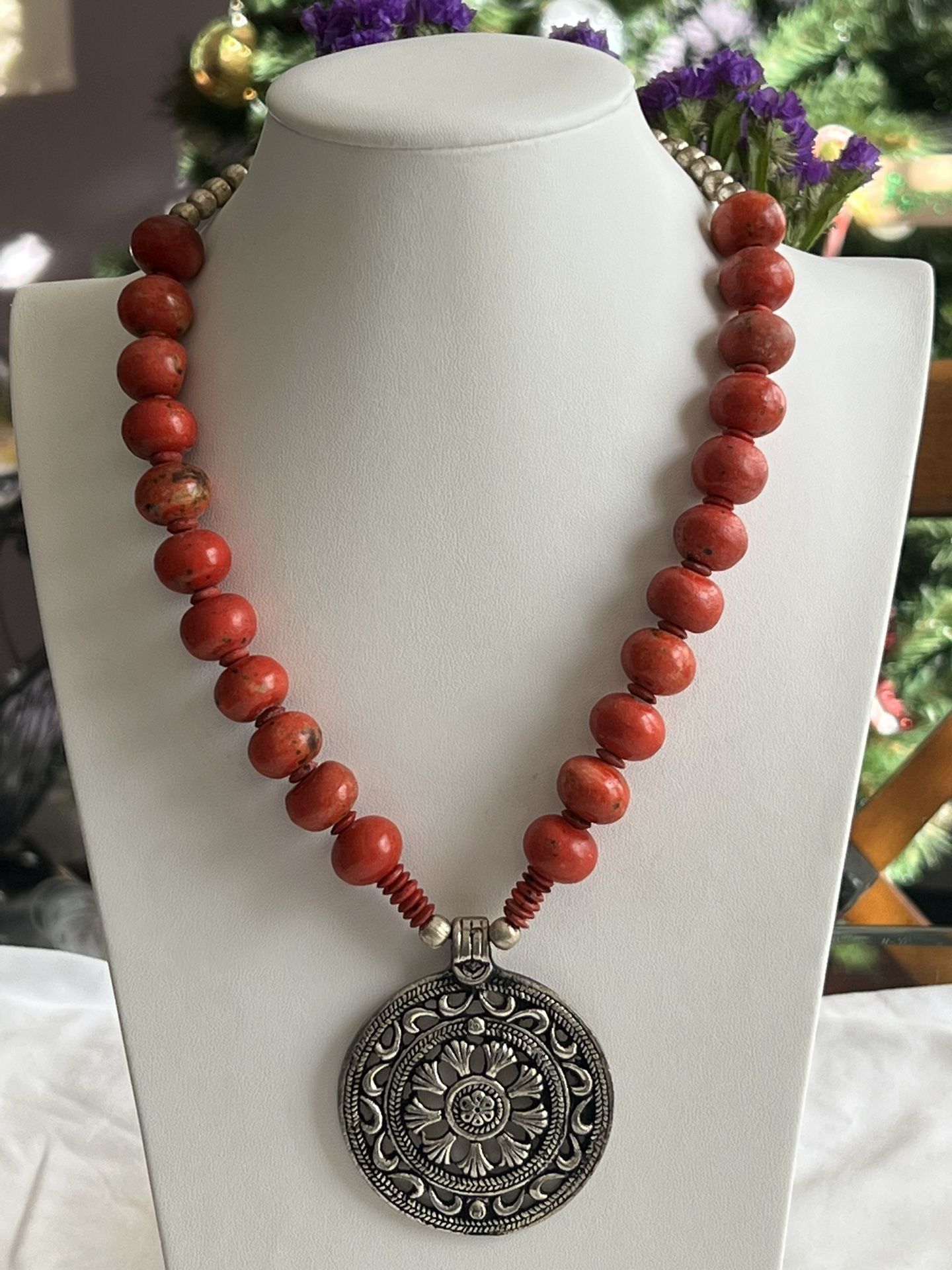 Vintage Coral And Unique Pendant Necklace For Sale