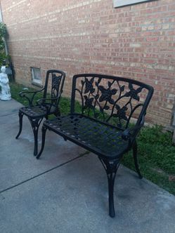 Cast iron outdoor Rose's Pattern Garden Bench and Matching Arm Chair With Lattice Seat Design