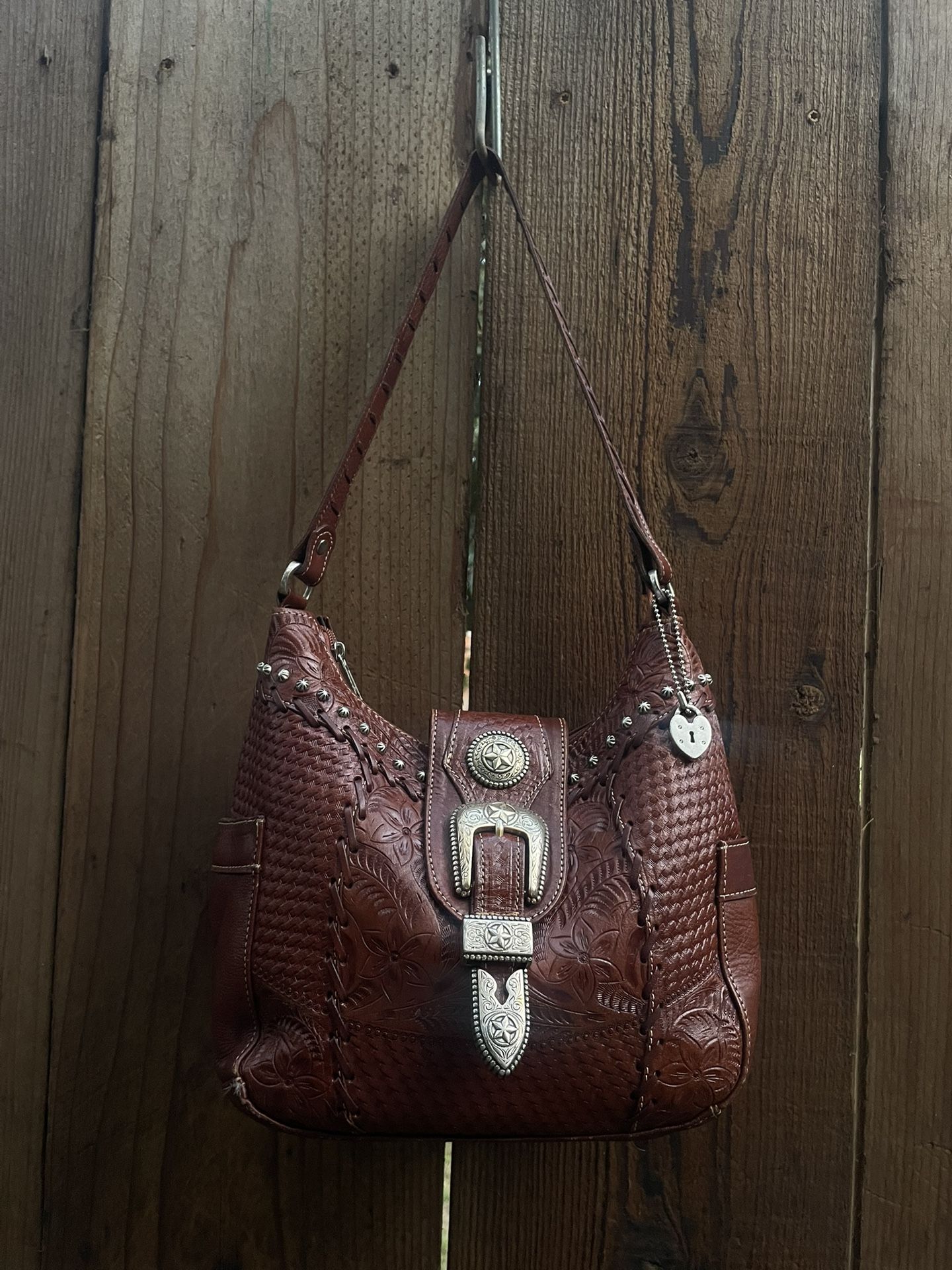 American West Brown Shoulder Bag with Tooled Leather Design 