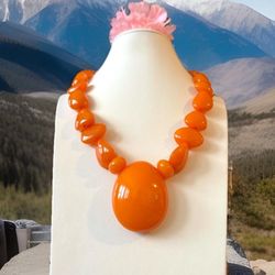 Gorgeous Ethnic Style Orange Amber Resin Handmade Pendant Necklace 22”inch & 120grams