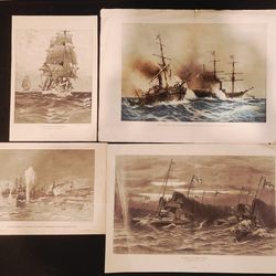 X4 Antique German Naval Lithographs