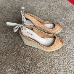 Coach camel brown peep toe espadrille wedge heels 