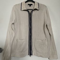 Men’s Banana Republic full-zip cardigan sweater in a  white with navy blue trim