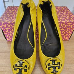 Tory Burch Reva Ballet Flats Yellow Patent Leather Size 8 Rare Discontinued Auth