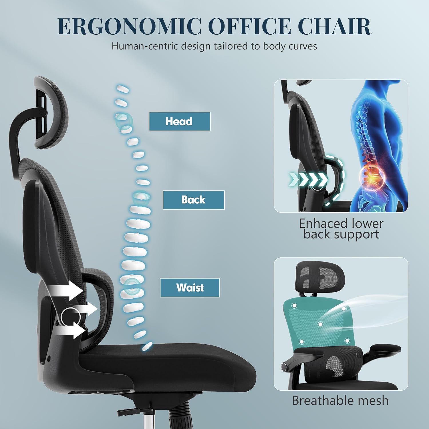 Ergonomic Mesh Office Chair, High Back Desk Chair with Adjustable Lumbar Support, Flip-up Arms, Headrest, Swivel Rolling Wheel, Home Office Chair and 