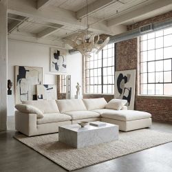 134" Cream / Ivory Linen  4-Pc High Density Goose Down Sectional Cloud Sofa w/ Ottoman [NEW]  **Retails for $3420 [NO ASSEMBLY REQUIRED]
