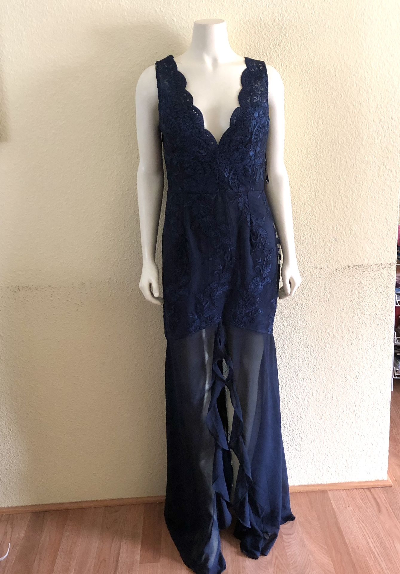 Navy Embroidered Maxi Dress with Front Slit Size M