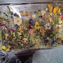 Tray With Real Flowers And Butterflies.  