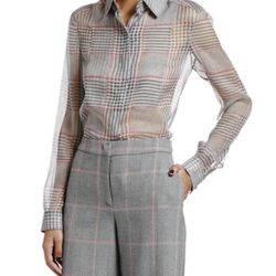 NWT Giorgio Armani Plaid Chiffon Button Front Classic Blouse