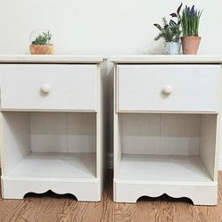 Pair Of 2 Coastal Ivory White Nightstands With Drawers And Shelves Storage Vanilla Cream Night Stands