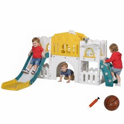Indoor Kids Slide Playset, Climber, Telescope, Tunnel, Steering Wheel, Aisle, Storage Baskets