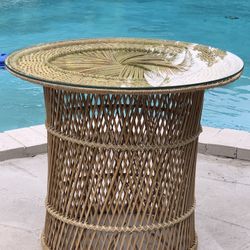  Pristine Wicker and Rattan Peacock Glass Top Table