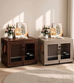 38 inch Dog Crate Furniture with 360°Rotatable Removable Dog Bowls, Upgraded Sturdy Door Lock,