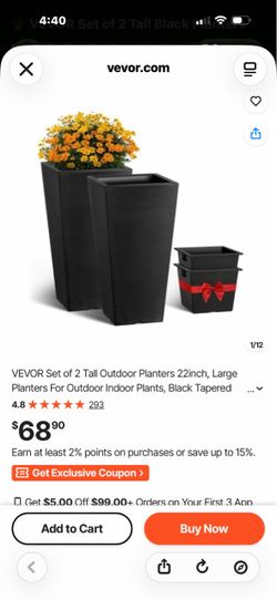 VEVOR Set of 2 Tall Black Outdoor Planters 22-Inch