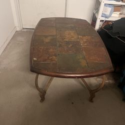 Vintage Stone Tile Coffee Table – Solid Wood Base, Earth Tones