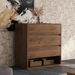 29.52" Mid Century Modern Nightstand, 3-Drawer Bedside Table with Open Shelf, Walnut Brown, Bedroom