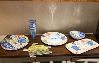 Acrylic Coastal Vibe Dinnerware, tumblers, platters and veggie tray New- Never used