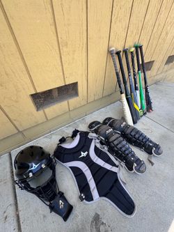 Baseball bats, catcher gear