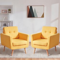 Set of 2 Linen Fabric Accent Chair, Mid Century Modern Armchair, Button Tufted Upholstered Comfy Reading Accent Chairs Sofa