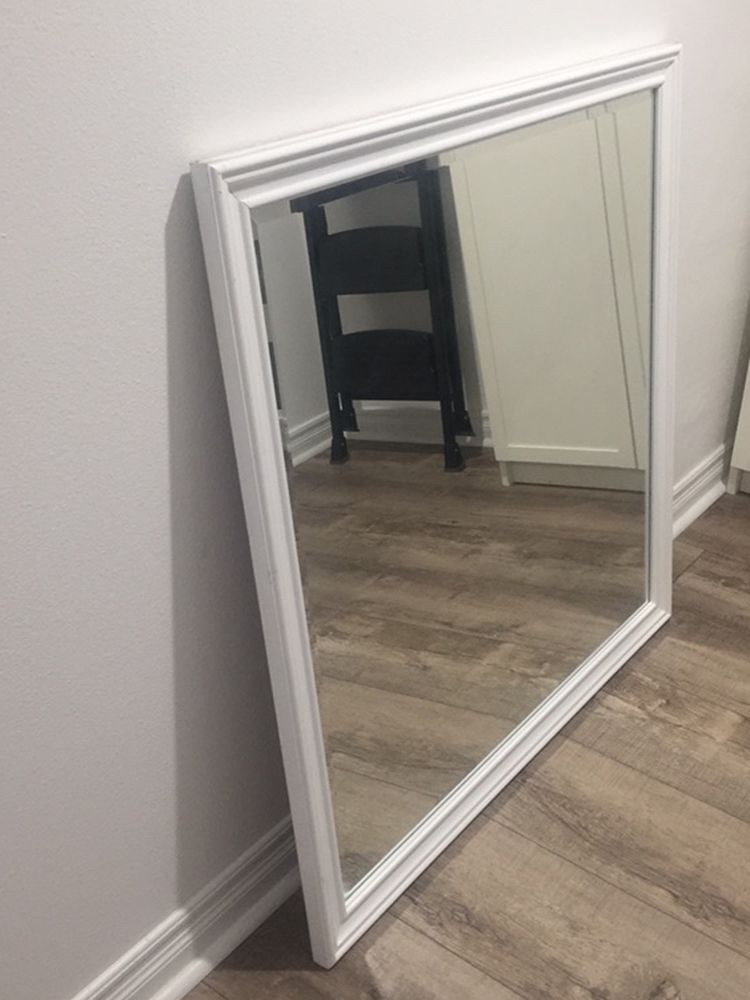 Large 39” Heavy White Framed Mirror, and comes with mounting brackets.