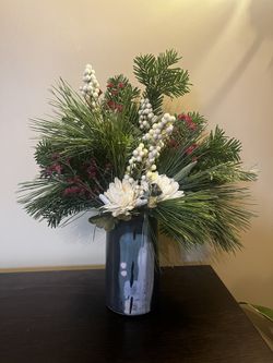 Holiday Christmas Floral Arrangement Fresh Evergreens Silk Vintage Pottery