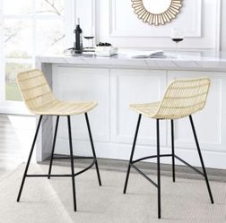 NEW (2) 25 in. Natural Low Back Hollowed Natural Rattan Counter Stool